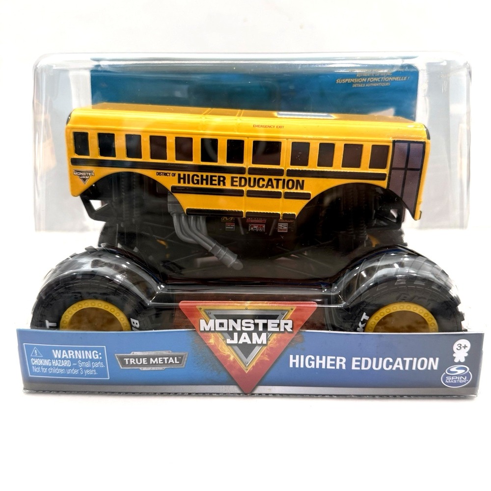 New Monster Jam School Bus Truck 1:24 Spin Master Higher Education True Metal